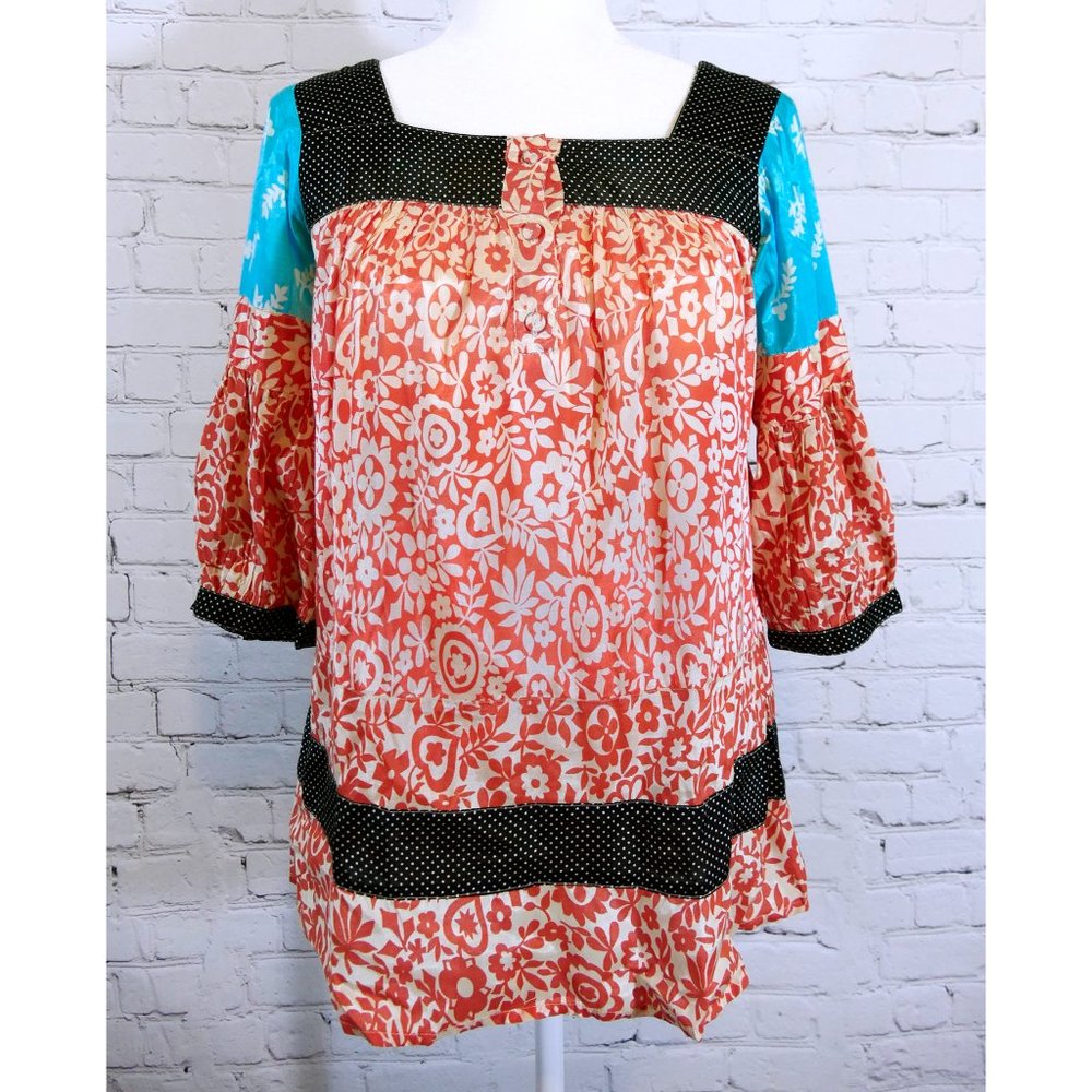 TopShop Orange Floral Loose Blouse Sz 6, ¾ Sleeve